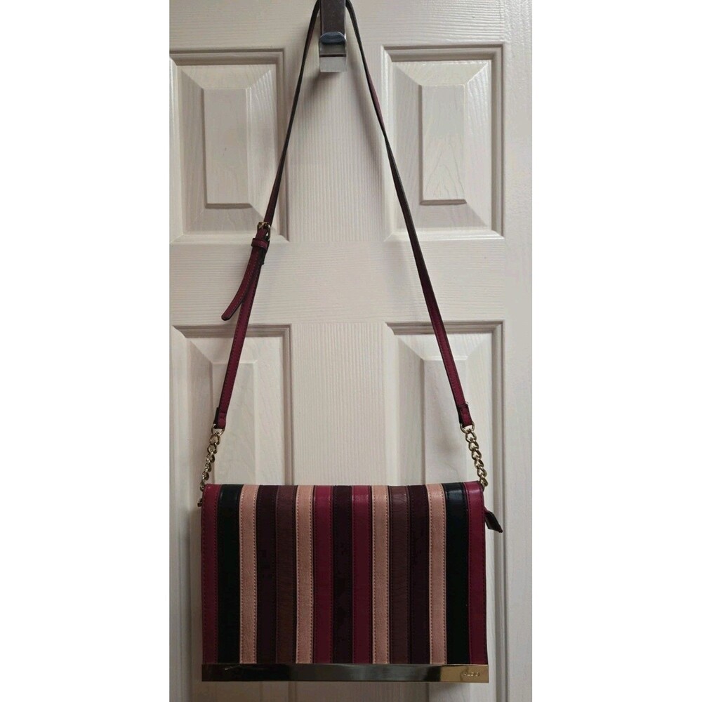 Aldo Striped Burgundy Pink Shoulder Bag w/ Gold Chain Magnetic Clasp Zip Pocket